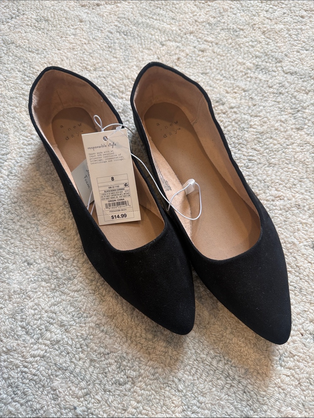 a new day Black Pointed-Toe Suede Ballet Flats NWT